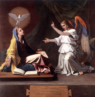painting of angel telling Mary about her pregnancy by Poussin