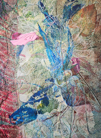 early work in progress shot showing the original sketch transferred onto the monoprint