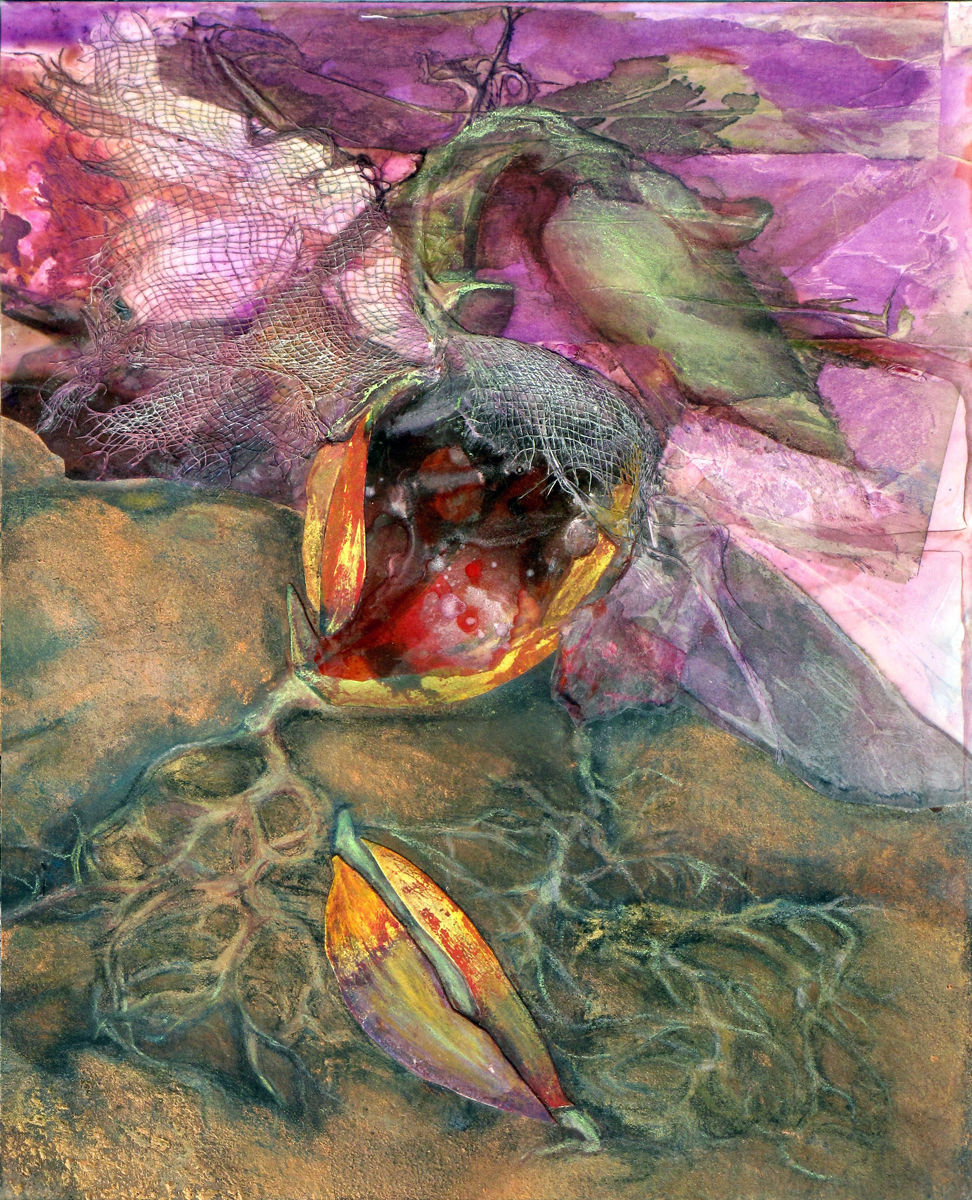 mixed media painting of sprouting seed and roots in the ground