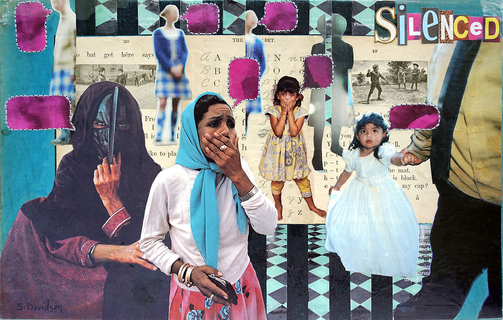 collage showing women and girls being silenced, with empty speech bubbles