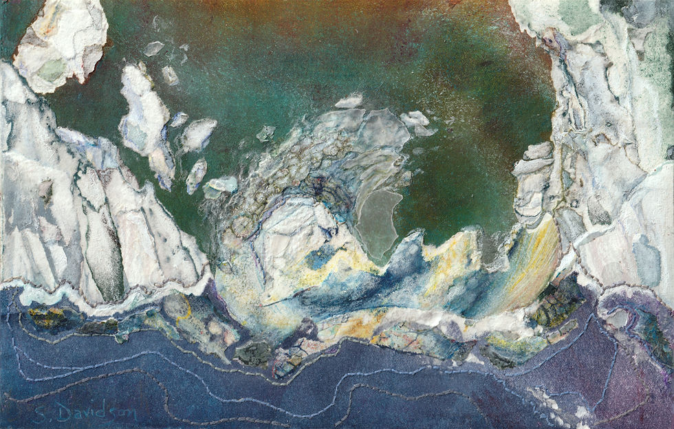 monoprint paper collage of ice falling into the water in a fjord