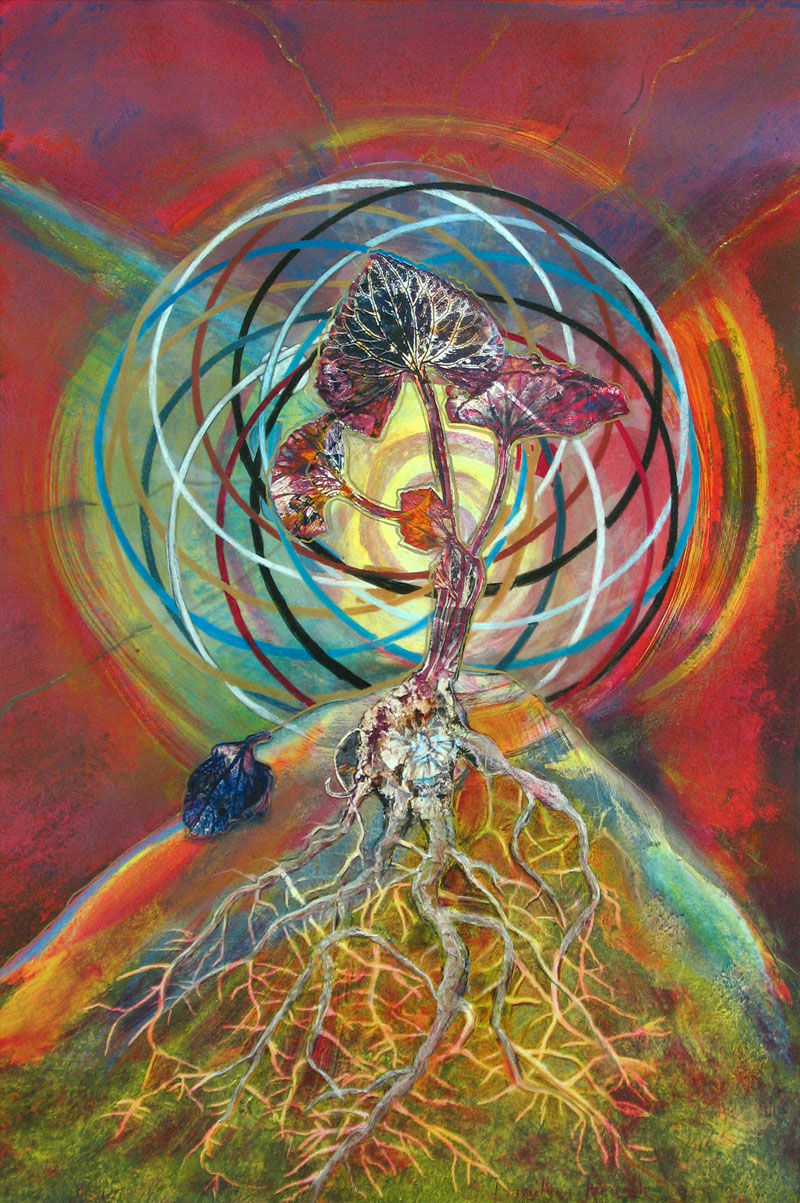 monoprint painting of mountain top with plant growing from diamond seed with kalachakra rings in background