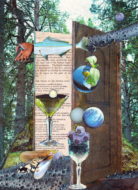 surrealist handmade collage with a door in a forest that opens to nowhere