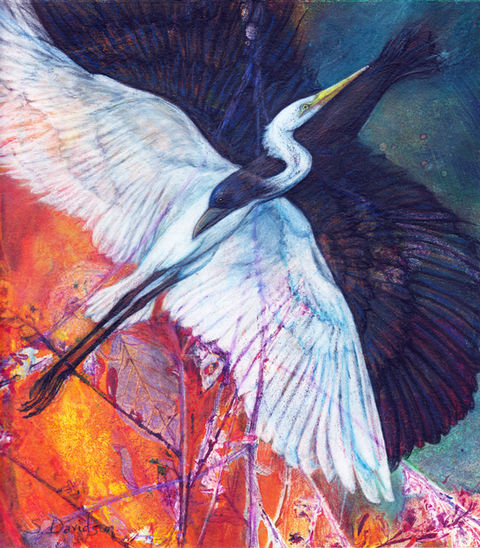 mixed media art piece of heron and crow crossing and blending together as the fly in opposite directions