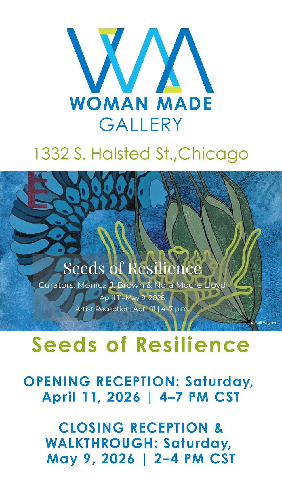 invitation announcement of an art exhibit at Woman Made Gallery
