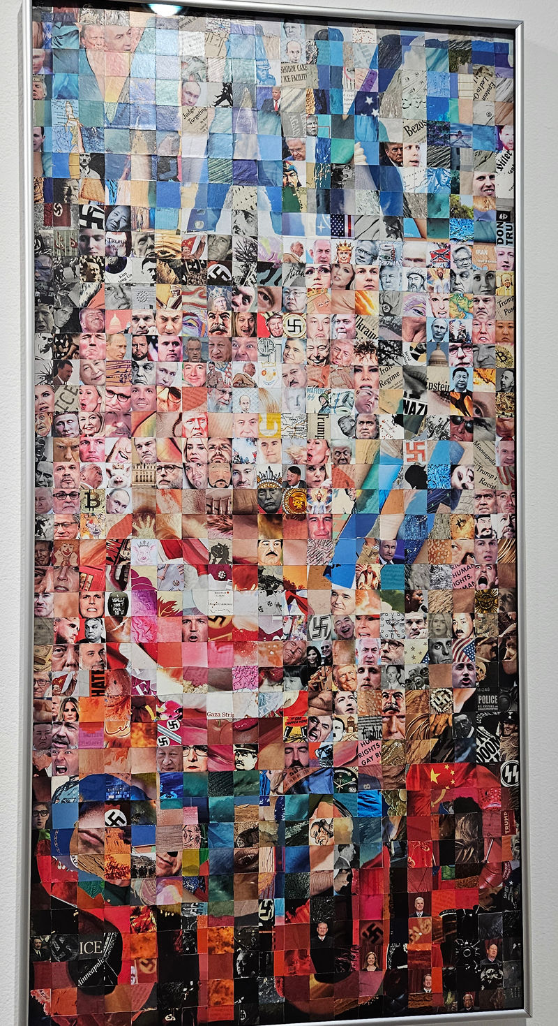 cut paper collage of tiny squares depicting dictators and symbols, spelling out Make it Stop