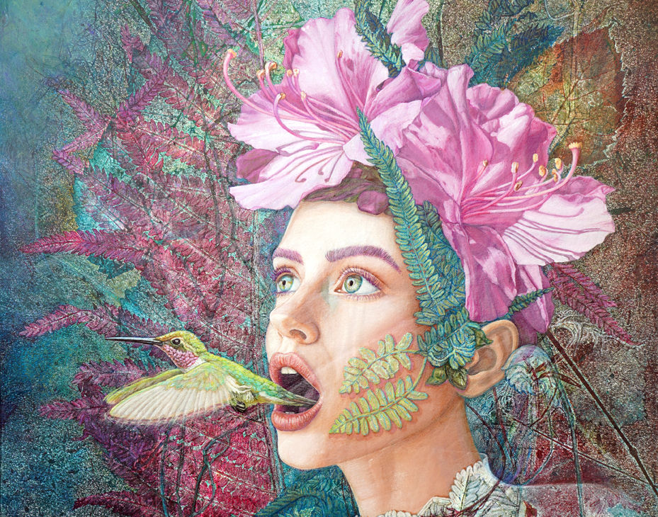 a girl with pink flowers for hair opens her mouth, out of which flies a hummingbird