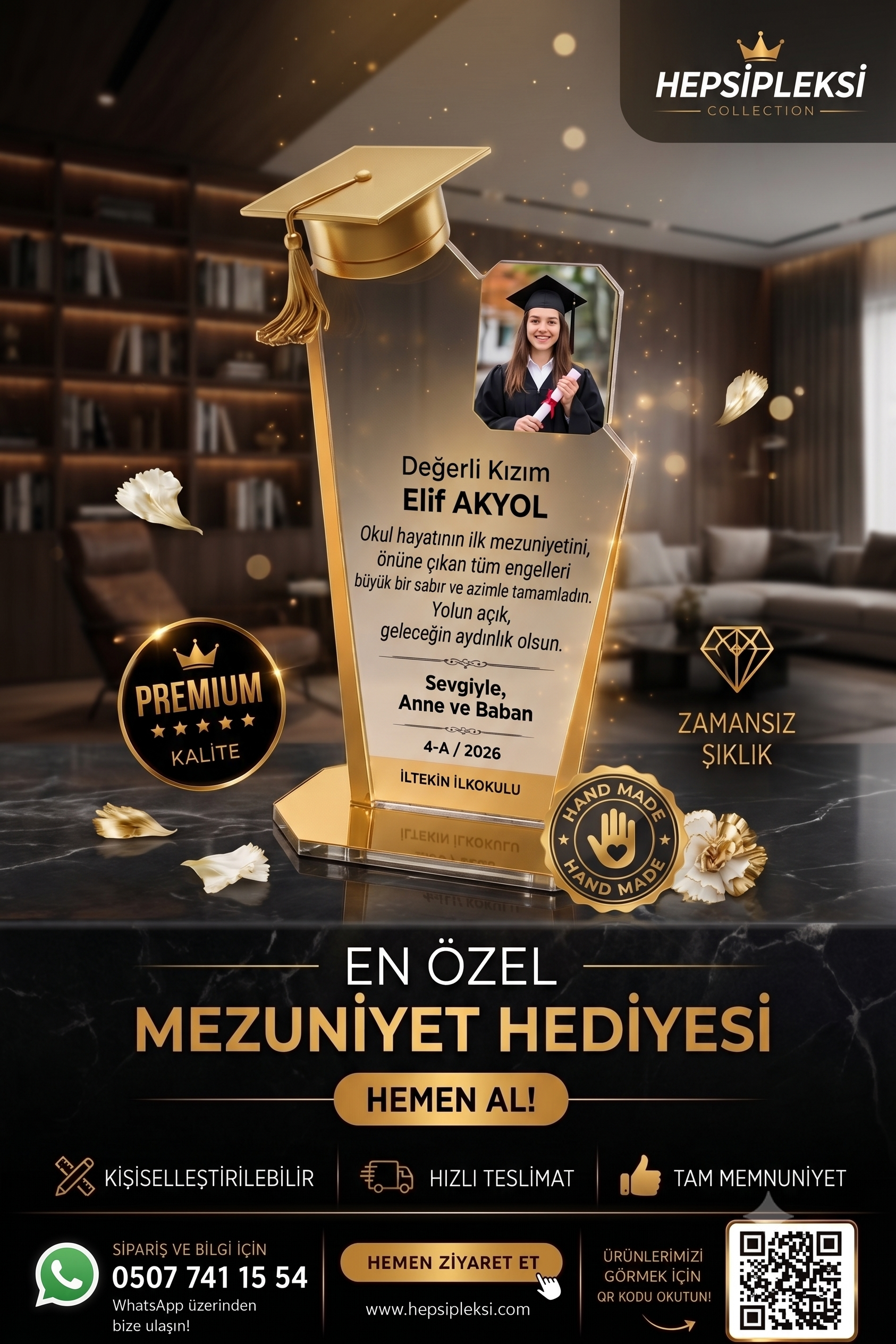 Kişiselleştirilebilir Premium Pleksi Mezuniyet Plaketi
