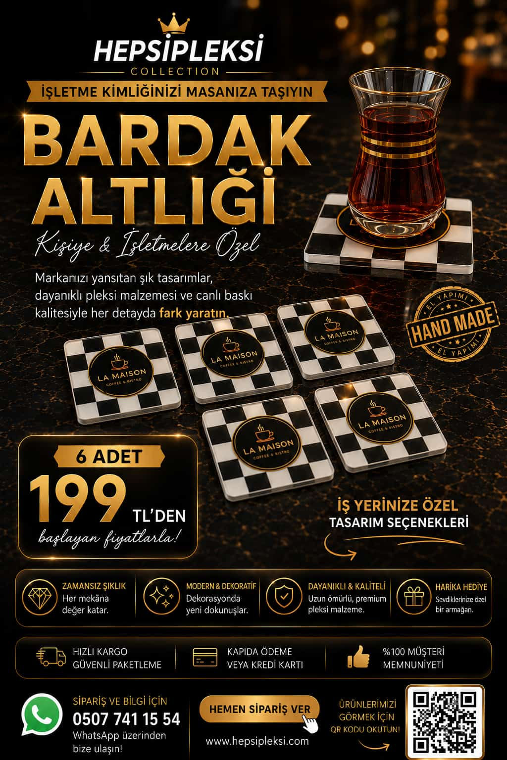 Kişiselleştirilebilir Premium Pleksi Bardak Altlığı Serisi 6'lı Takım