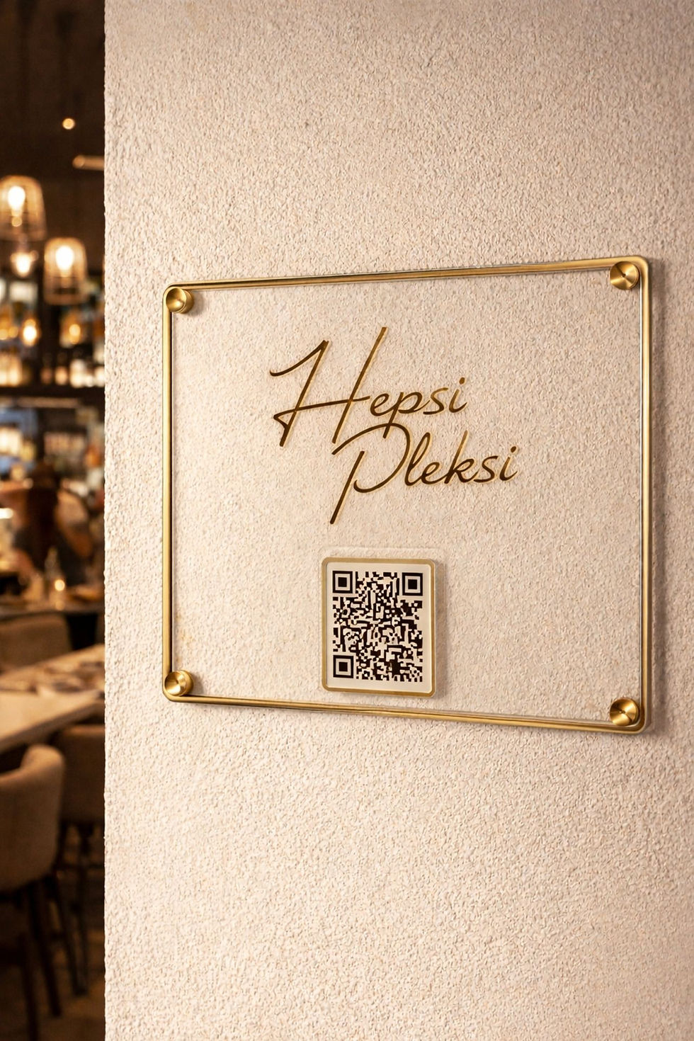 Küçük resim: Gold Detaylı Duvara Monte Şeffaf Pleksi QR  Pano