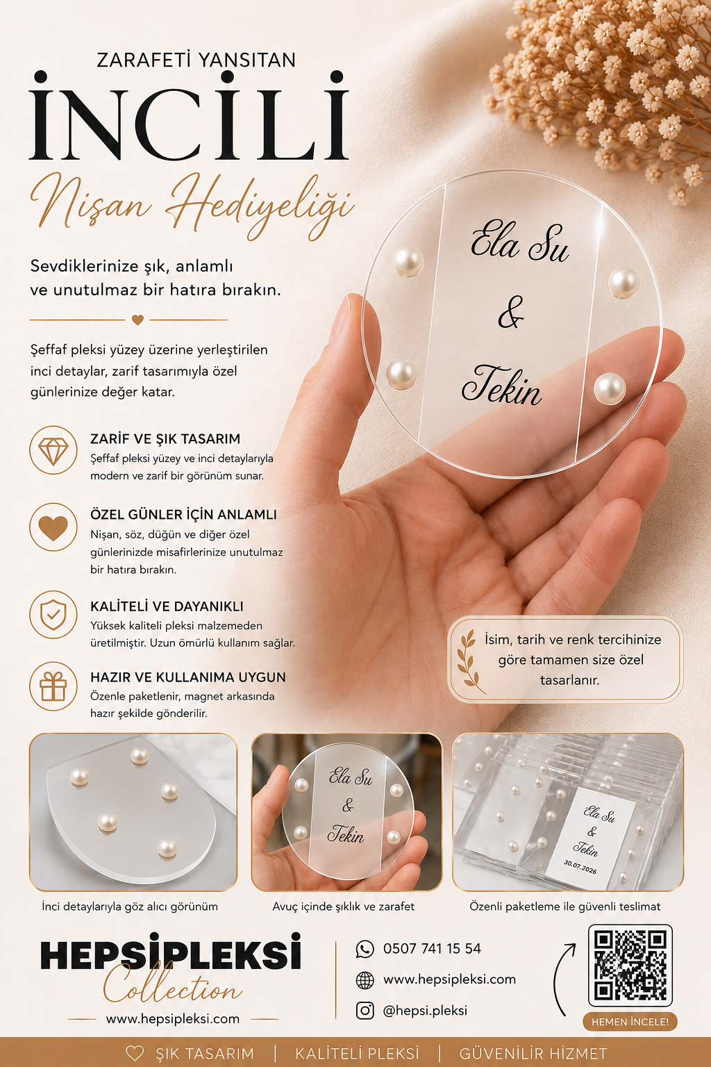 Kişiye Özel Hediyelik Yuvarlak İnci Detaylı Şeffaf Pleksi Magnet