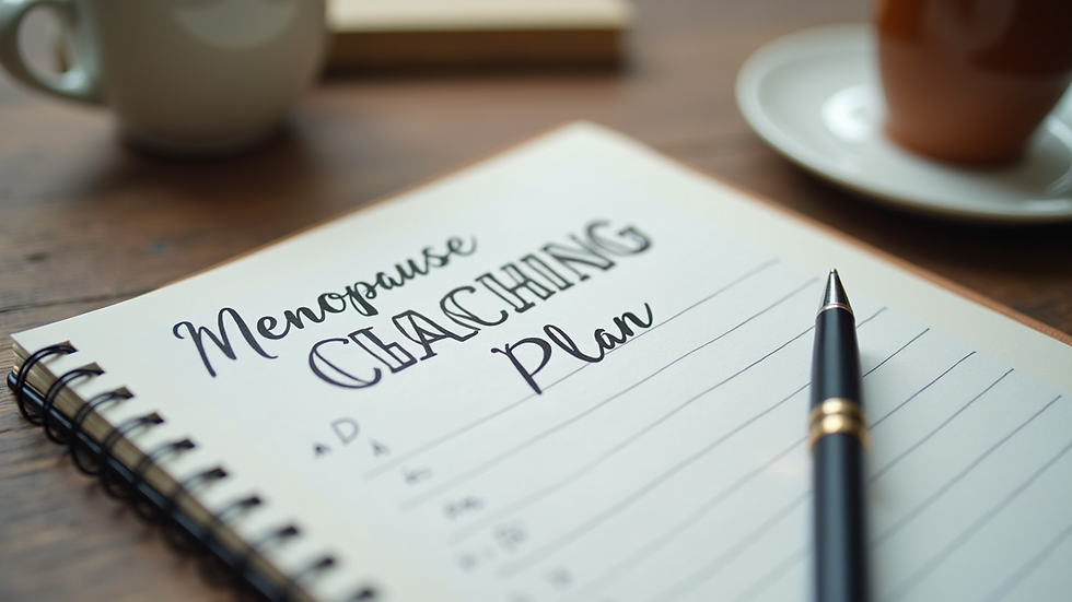Close-up view of a notebook with a menopause coaching plan and a pen