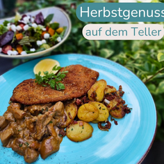 Schweineschnitzel mit Waldpilzrahm & knusprigen Bratkartoffeln