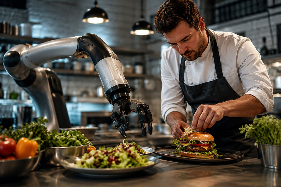 Moderne Küche mit Roboterarm und Koch
