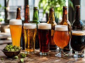 Alkoholfreie Bierauswahl auf Holztablett im Restaurant