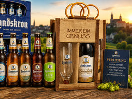 Landskron Bierwerbung im Sonnenuntergang