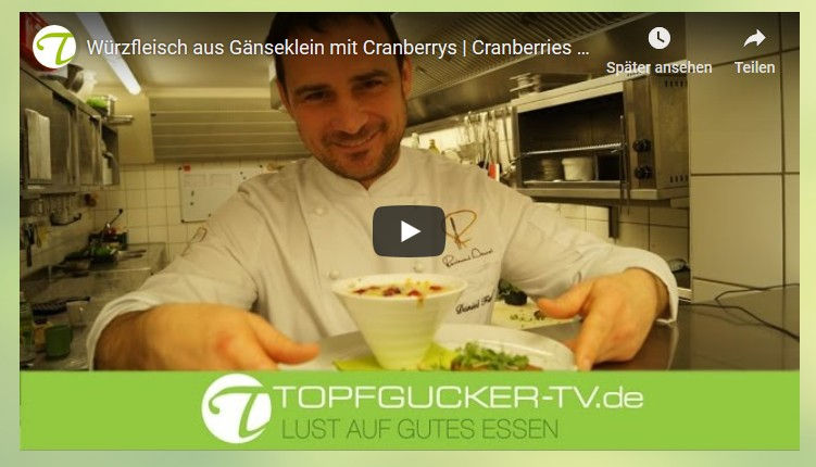 Topfgucker Rezepttipp - Würzfleisch aus Gänseklein mit Cranberrys und Käse überbacken