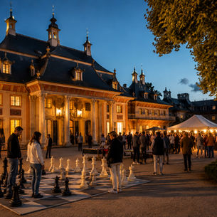 Abendliches Schachspiel vor historischem Palast