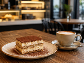 Gemütliches Café mit Tiramisu und Kaffee