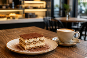 Gemütliches Café mit Tiramisu und Kaffee