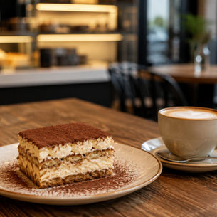Gemütliches Café mit Tiramisu und Kaffee