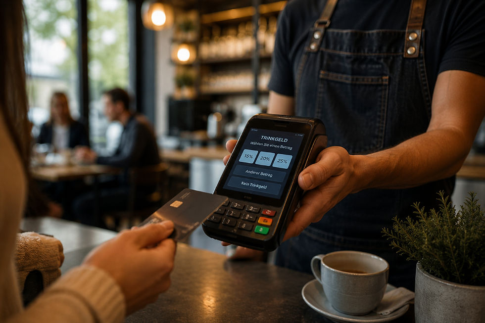 Zahlungsterminal mit Trinkgeldoptionen im Café