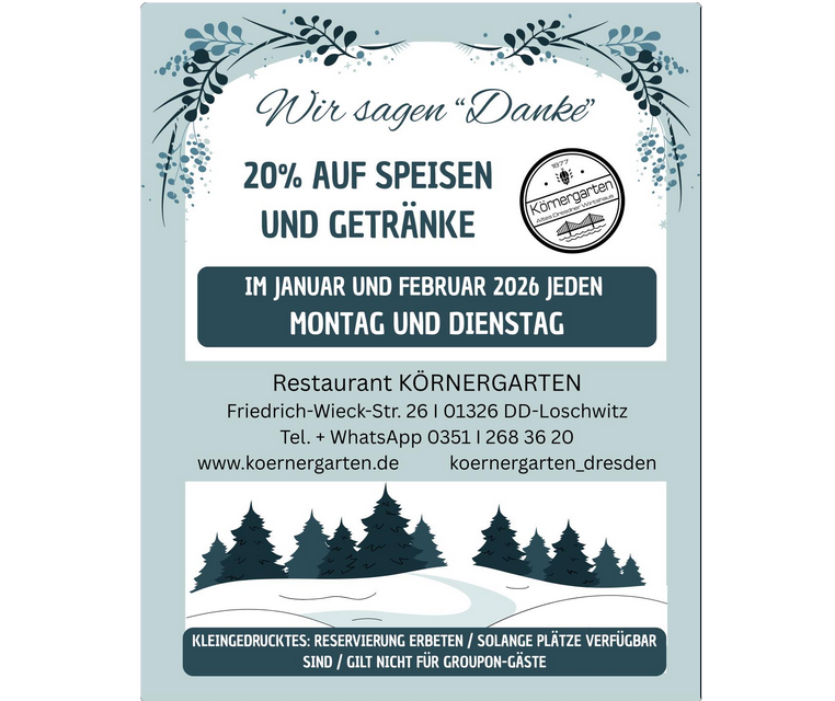 Restaurant Körnergarten sagt Danke: 20 % auf Speisen & Getränke im Winter