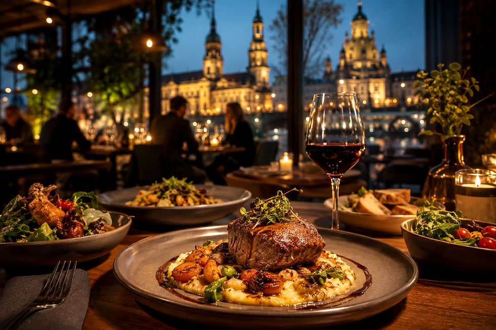 Gemütliches Restaurant mit Abendessen und Stadtblick