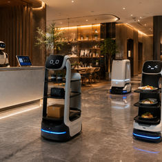 Futuristische Hotel-Lobby mit Servicerobotern