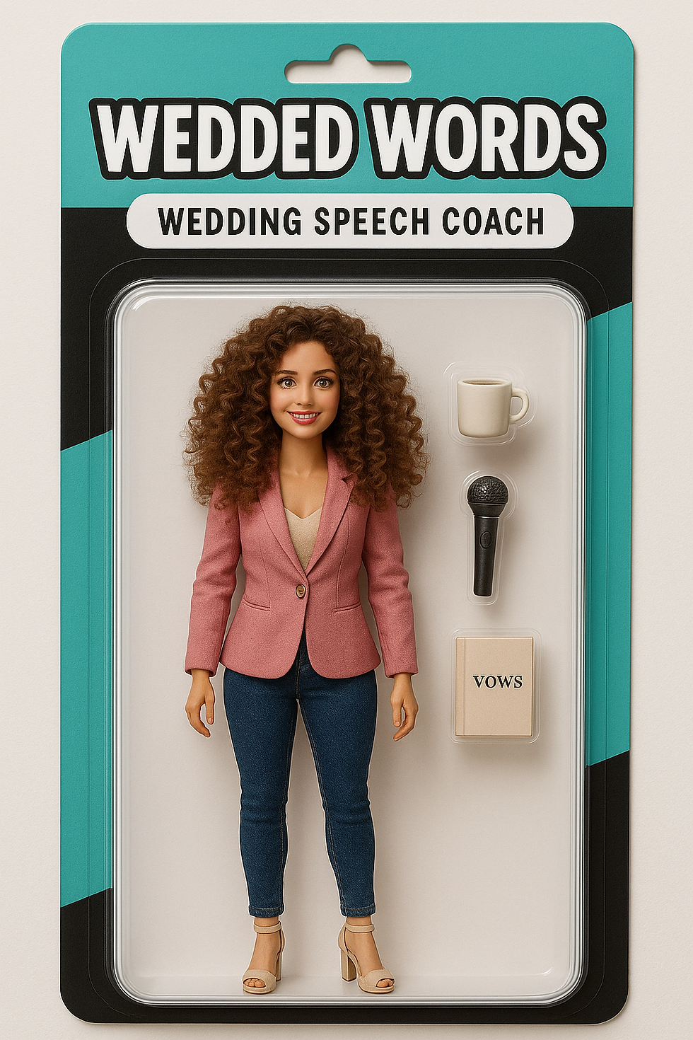 An AI generated image of the owner of Wedded Words, Amanda Allard (PhD), as an action figure doll.