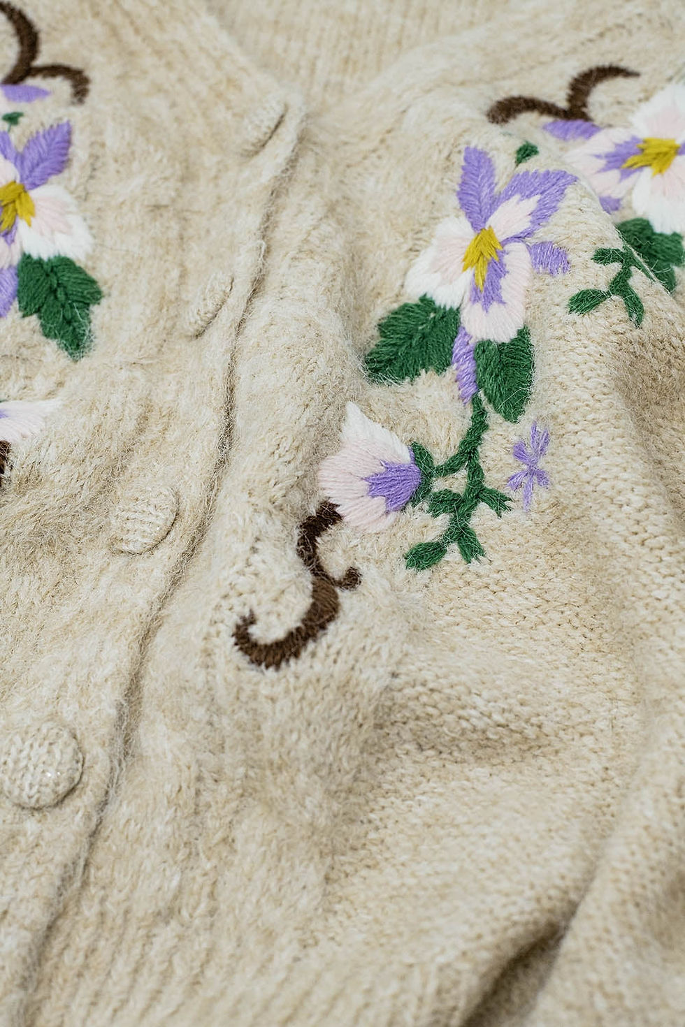 Thumbnail: Cable Knit Beige Cardigan With Embroidered Flowers