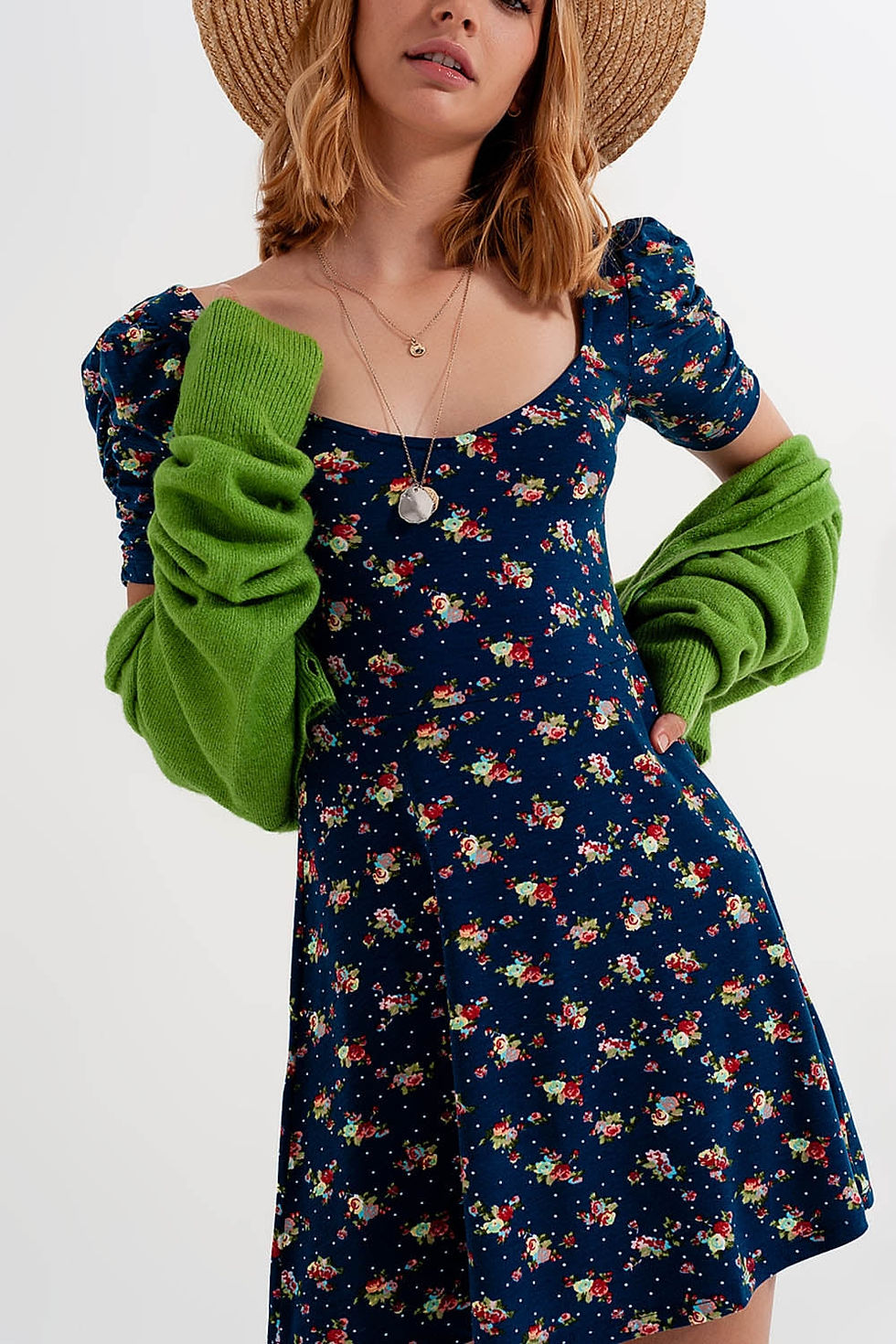 Miniatura: Puff Sleeve Skater Dress in Navy Blue Floral Print