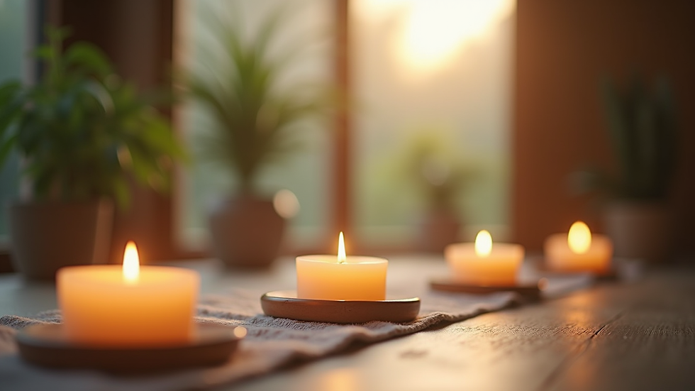 Close-up view of a serene meditation space with candles and plants