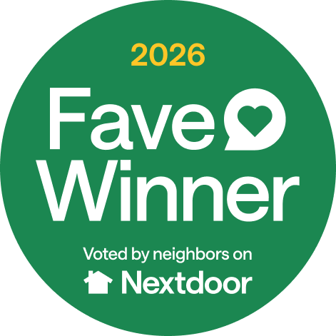 Green circular badge reading 2026 Fave Winner, voted by neighbors on Nextdoor, with a heart icon and white text.