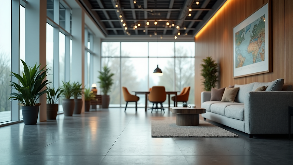 Eye-level view of modern office interior with comfortable seating