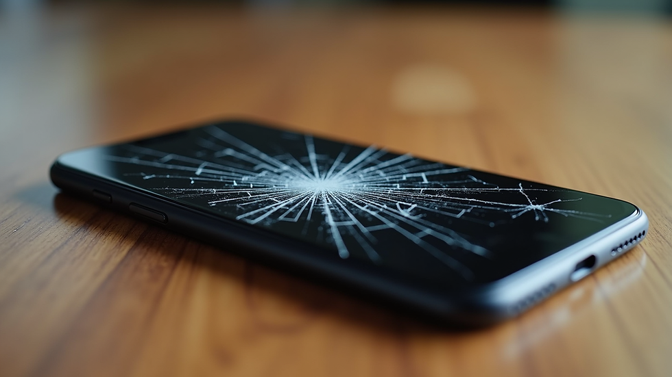 Close-up view of cracked iPhone screen on a wooden table