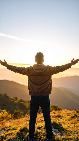 Firefly_A young man standing on a hilltop at sunrise, arms open wide, wind in his hair, ey