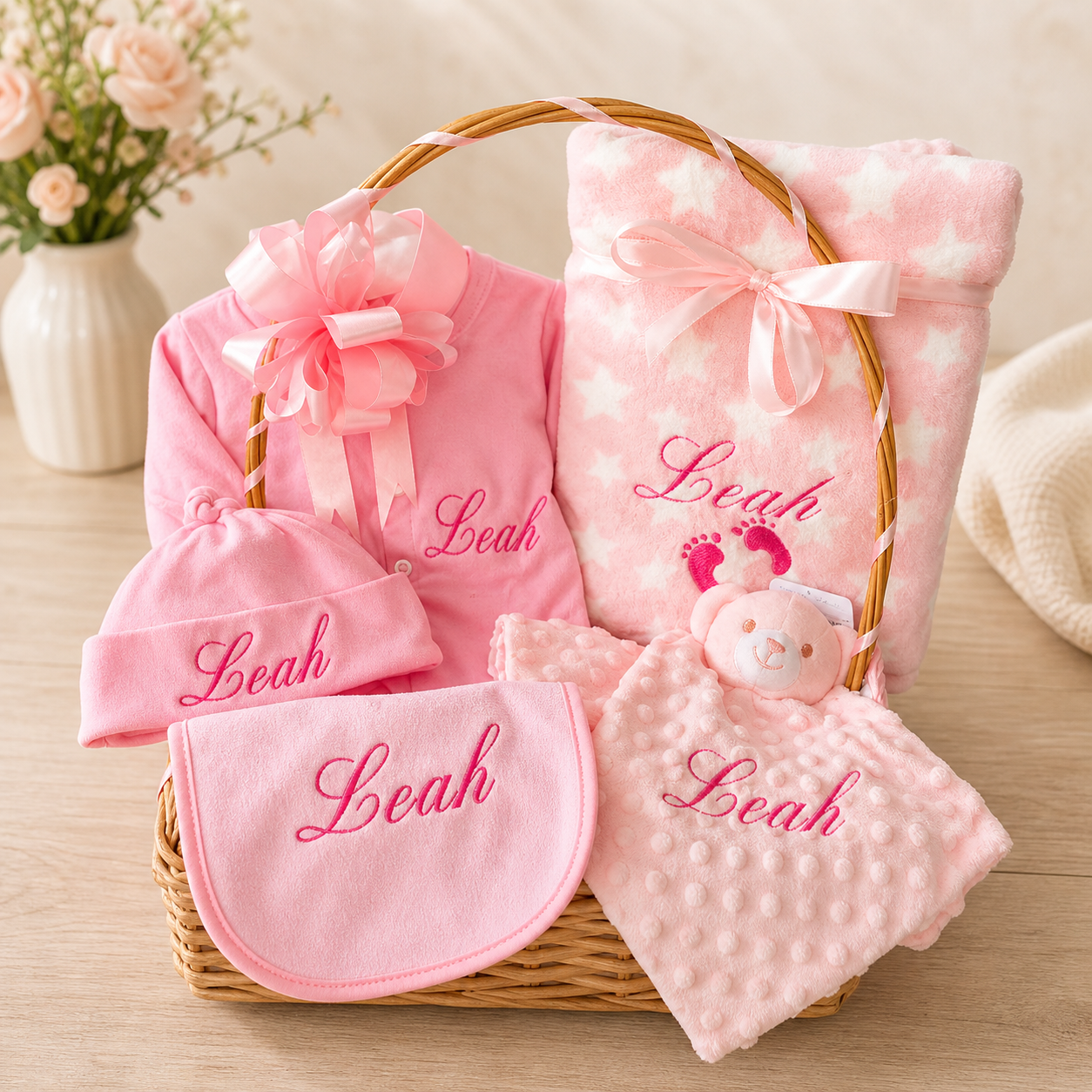 Baby Pink gift hamper with Babygrow, Hat & Blanket Upgrade(Option E)