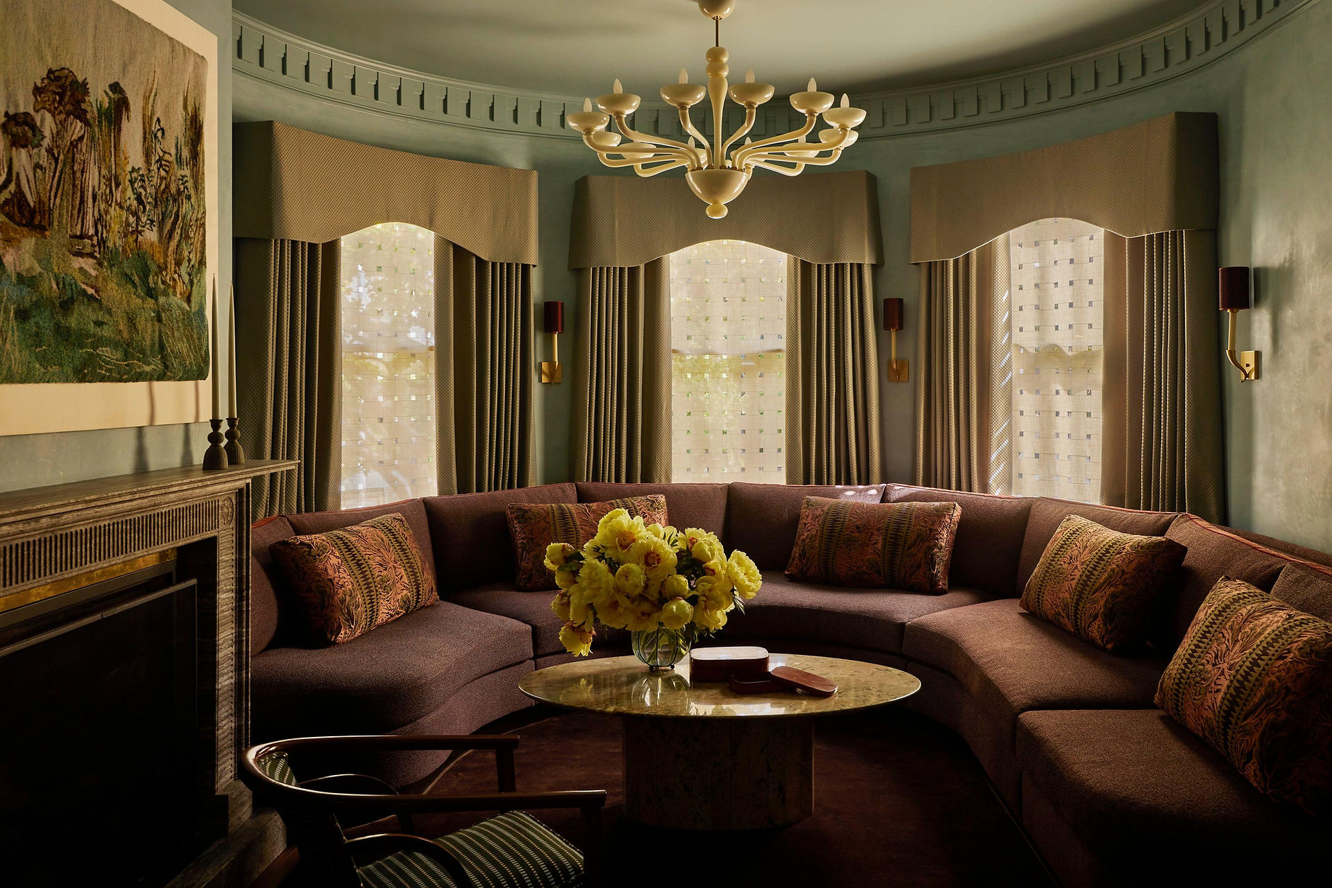 Cozy living room with curved sofa