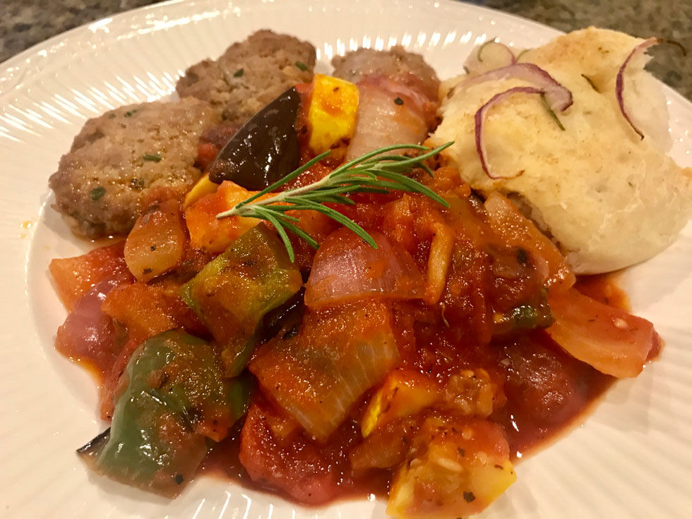 Grilled Ratatouille Provencal with Focaccia and Merguez