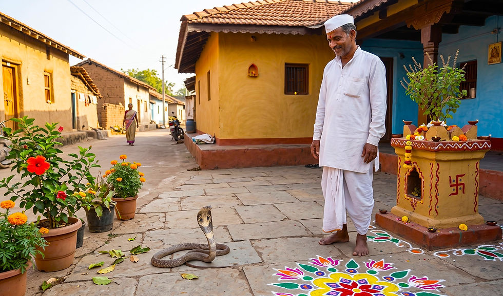 Smiling man in white traditional dress stands before a cobra in a village courtyard with rangoli, flowers, and a shrine.