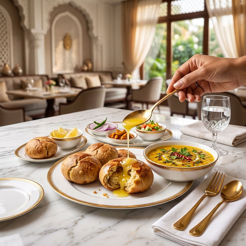 Hand drizzles ghee over stuffed bread on a marble table with curry, bowls, and gold cutlery in a bright elegant restaurant.