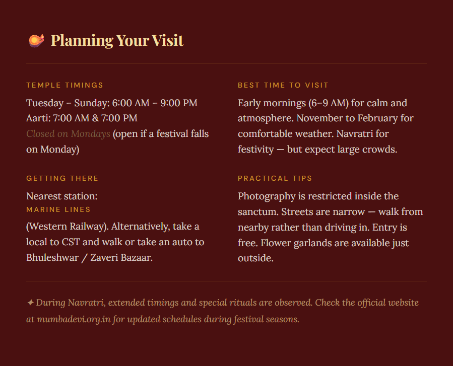 Maroon infographic titled Planning Your Visit with temple timings, best times, getting there, and practical tips for visitors.