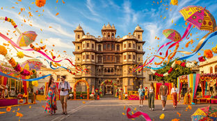 Festive palace courtyard with strolling tourists, colorful umbrellas and ribbons, marigold petals drifting under a blue sky.