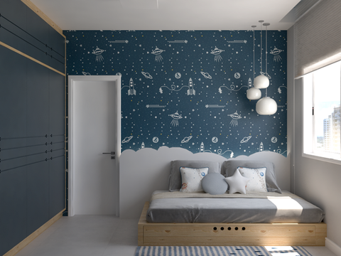 quarto infantil com tema espacial com naves e nuvens, marcenaria sob medida e cama estilo japonesa bicama baixa