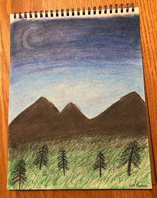 Peaceful Night by Holly Thomas. Mountain peaks with moon at night.