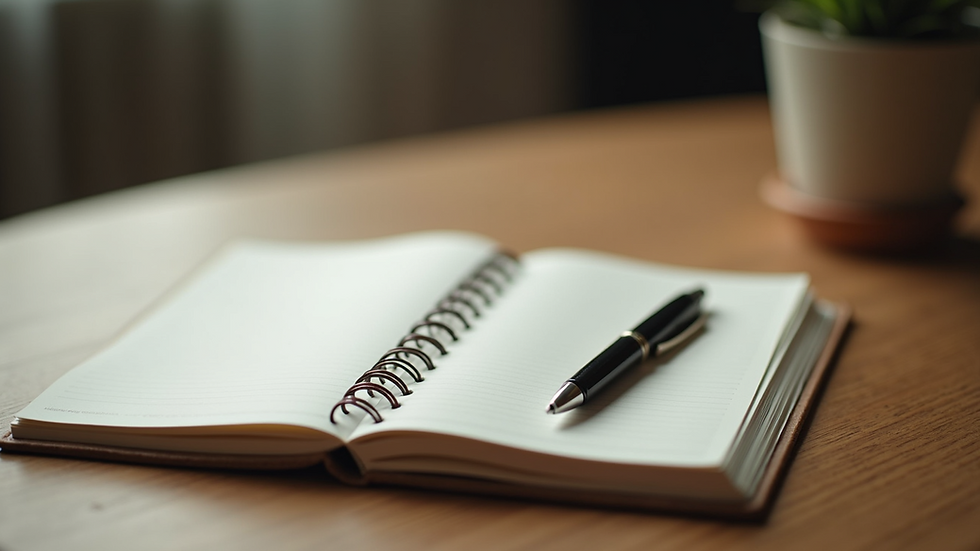Close-up view of journal and pen on a wooden table