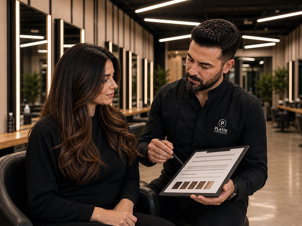 Platinum Antalya's specialist explains the written hair coloring and pricing plan to the client.