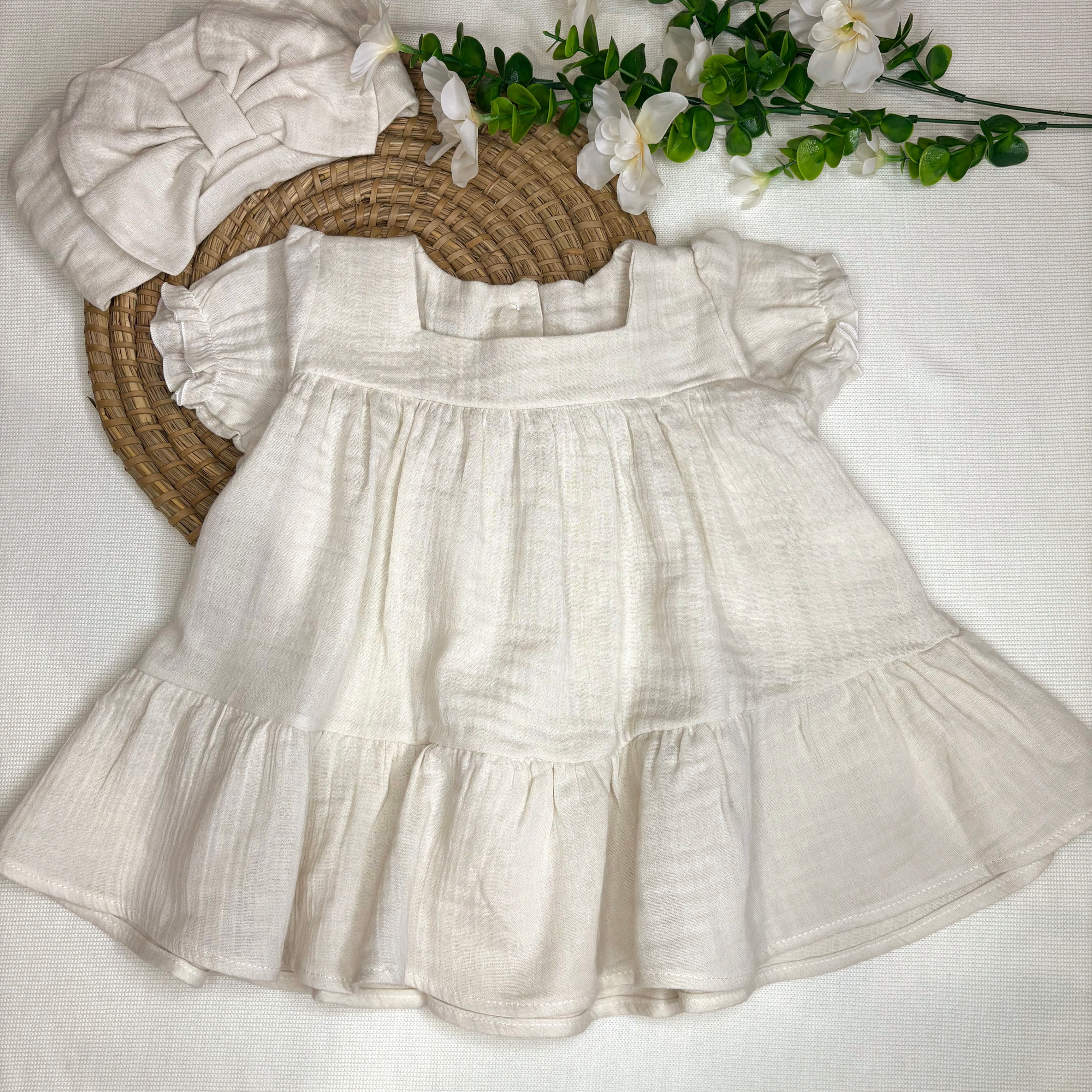 Abito Neonata in Mussola di Cotone Organico con Maniche a Sbuffo – BabyVip