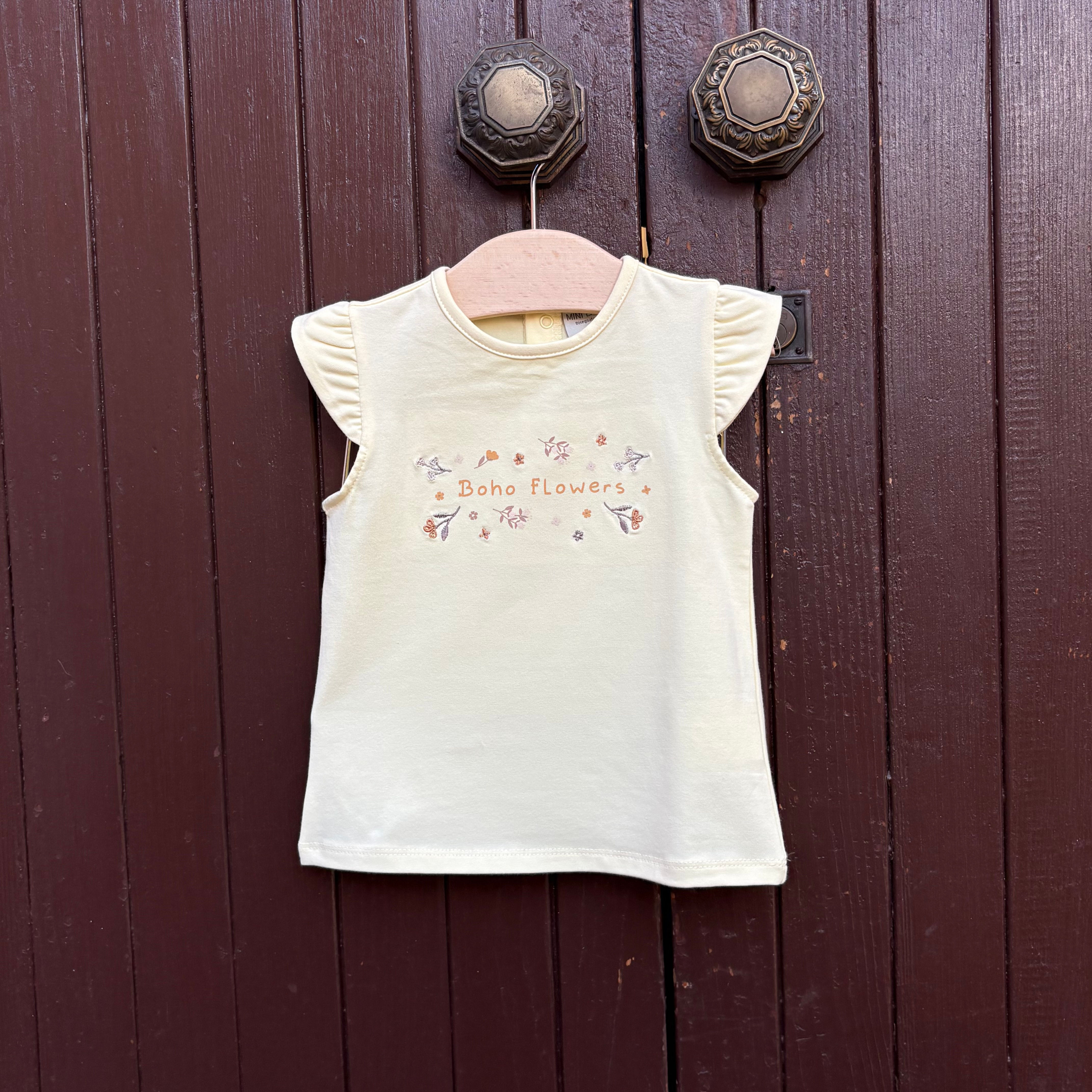 T-shirt neonata in cotone leggero giallo con stampa Boho Flowers